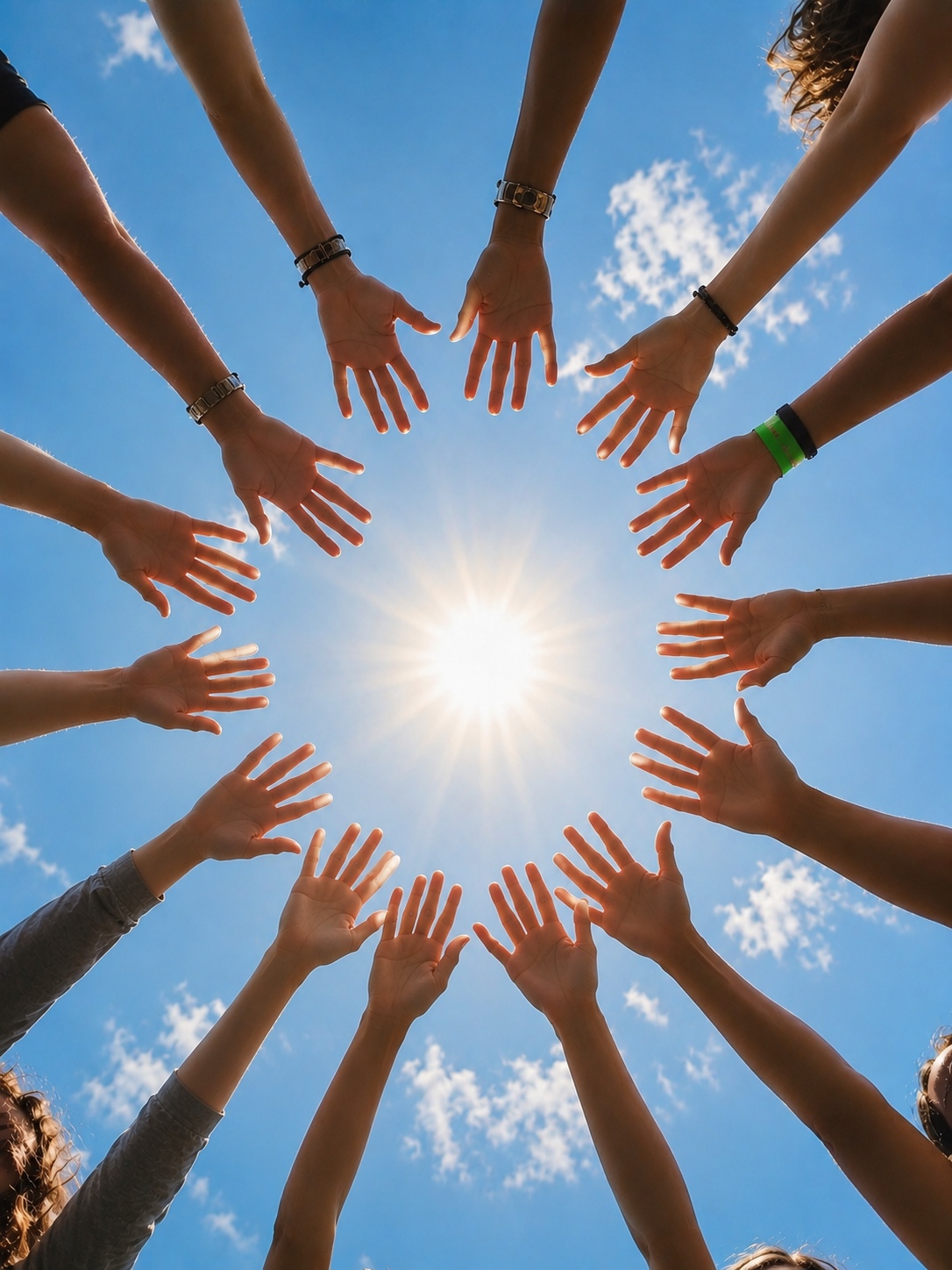 A circle of open hands raised towards a bright sun in a clear blue sky