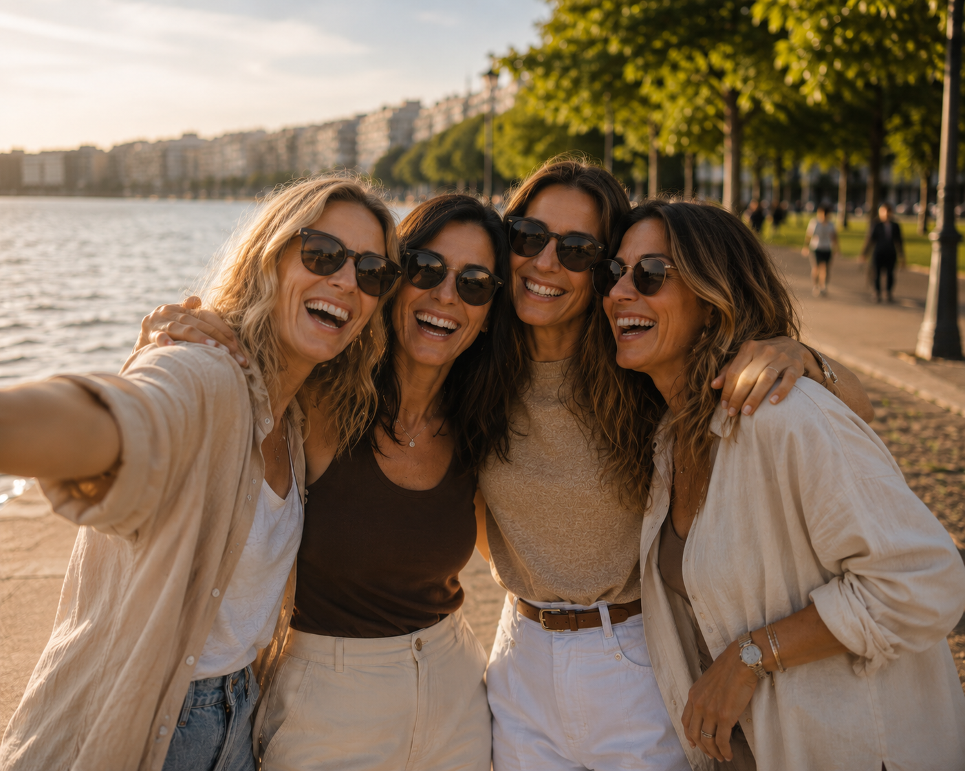 Four friends laughing together while taking a selfie on the Thessaloniki waterfront