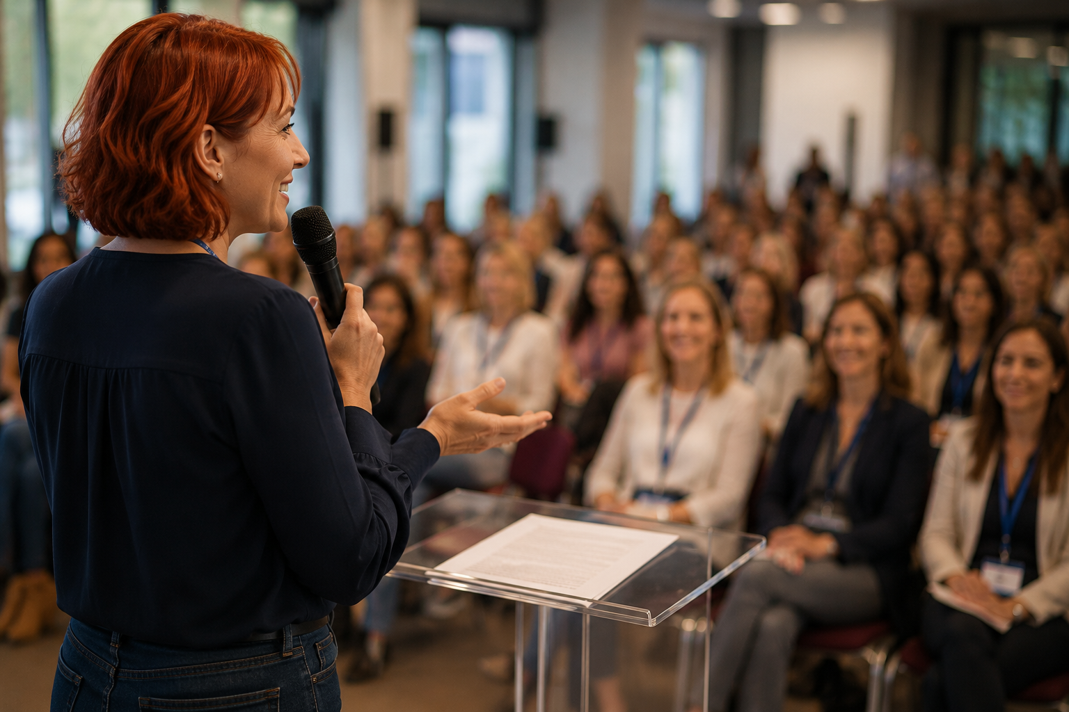 A speaker addressing a full auditorium at a MeWe talk