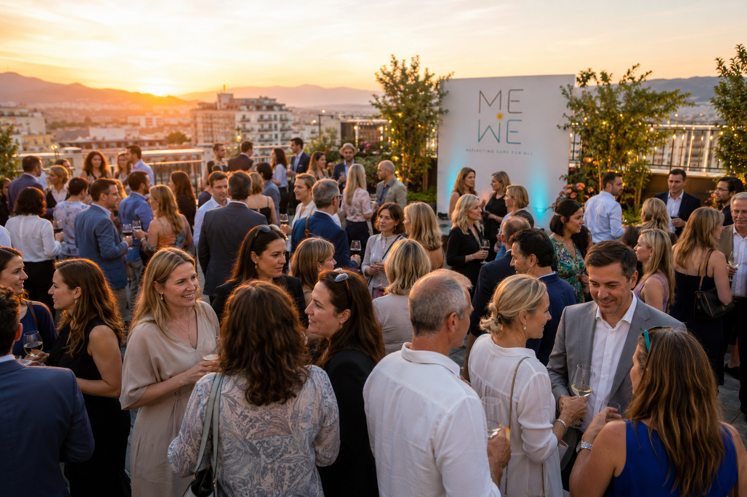 MeWe members gathering on a rooftop at sunset in front of the MeWe brand wall