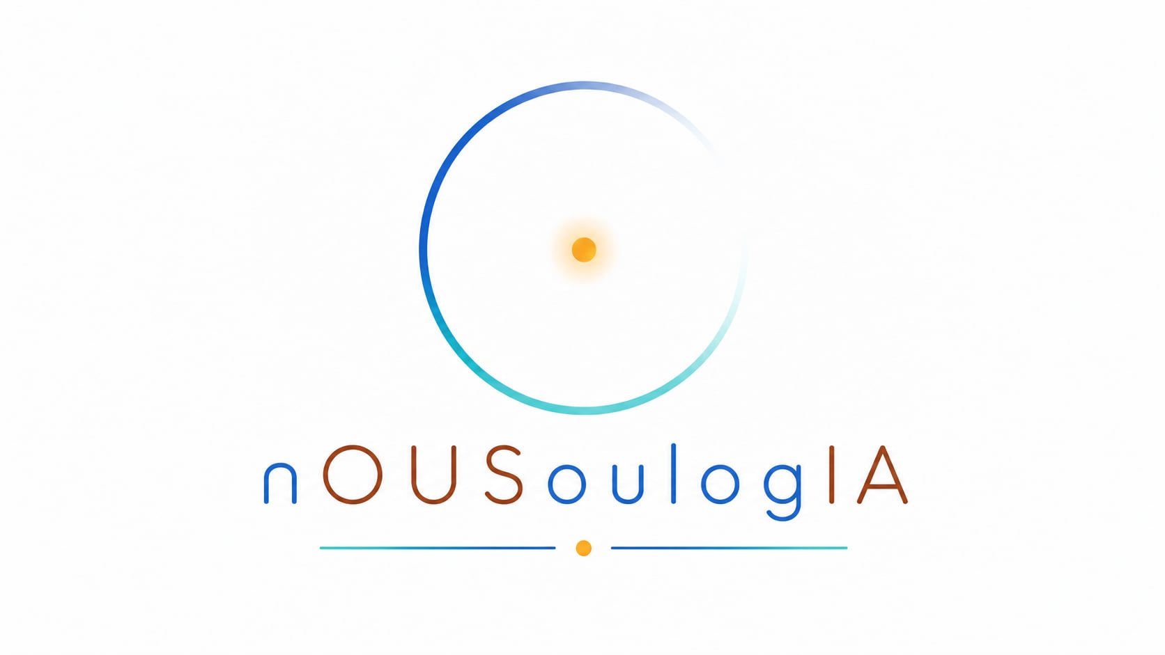 Το σύμβολο nOUSoulogIA: ανοιχτός κύκλος με διαβάθμιση από μπλε σε τιρκουάζ και χρυσό ήλιο στο κέντρο